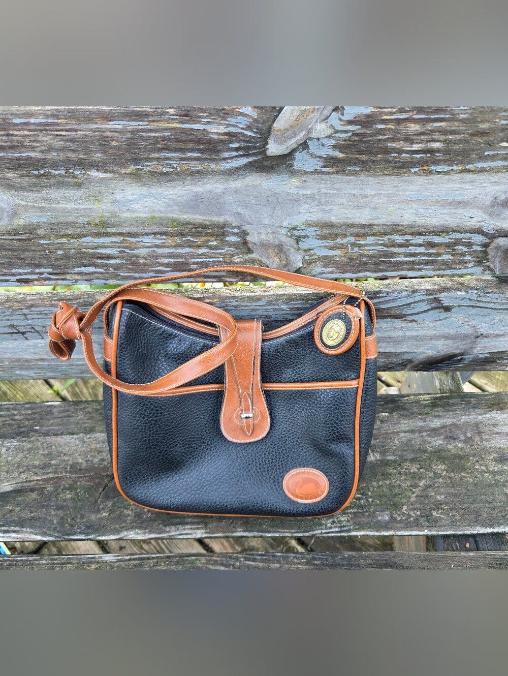 Dooney & Bourke Vintage Black & Tan Pebbled Leather Equestrian Crossbody Bag